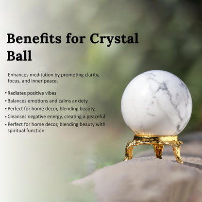 Crocon 45mm Howlite Stone Sphere Ball with Metal Stand 1400+ Carats Gemstone Ball Healing Sphere Sculpture Figurine for Fengshui Divination Home Decoration Photography Crystal Sphere