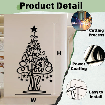 Merry Christmas Tree Metal Wall Decor, Christmas Tree Metal Wall Art for Ling Room, Bedroom, Office (Black,59" x 31" / 150 x 80 cm)