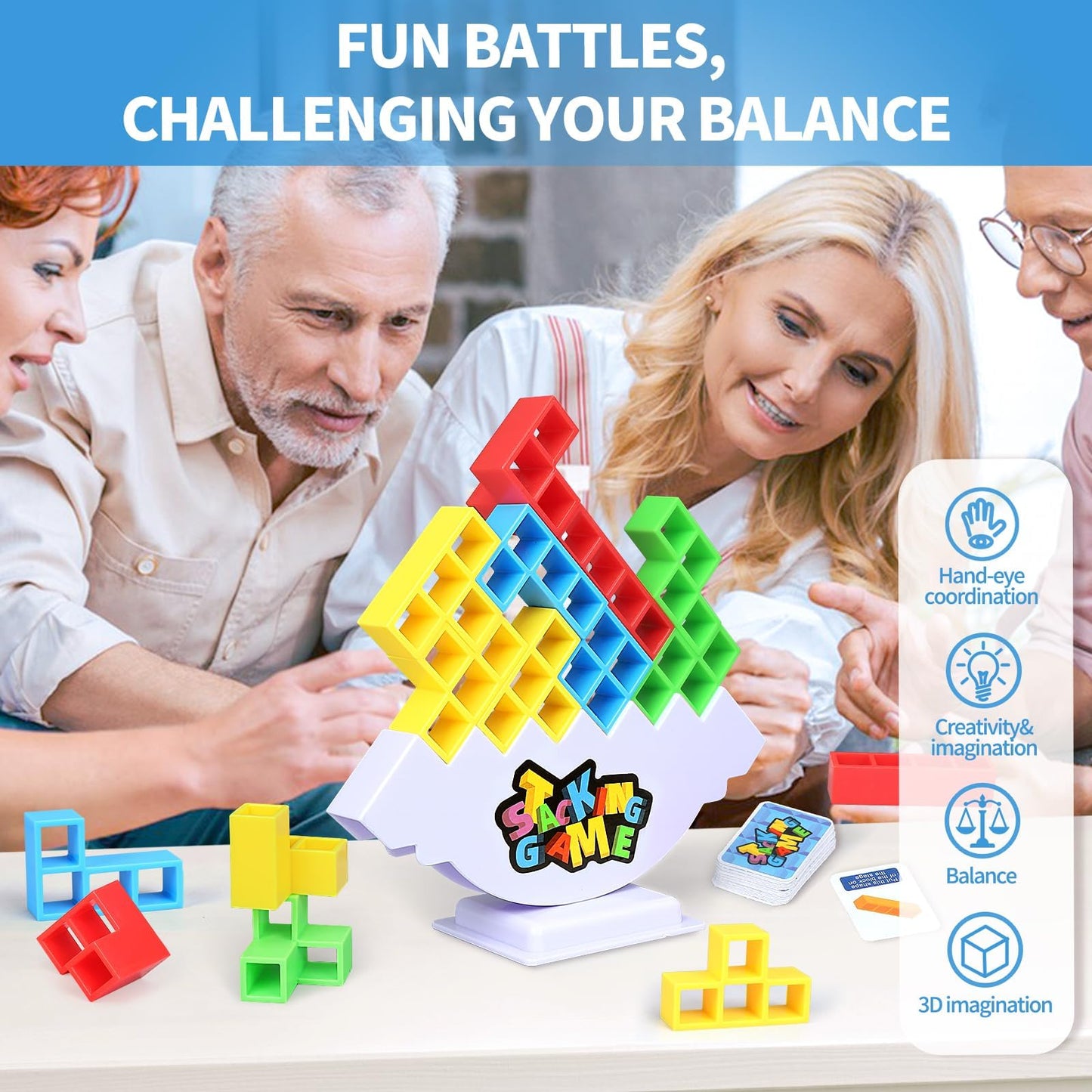 BBnote 48PCS Stack Game for Adult & Kids, Tetra Board Tower Games for Family Travel Party, 2 Players Balance Stacking Toy Attack, Team Toys Building Block