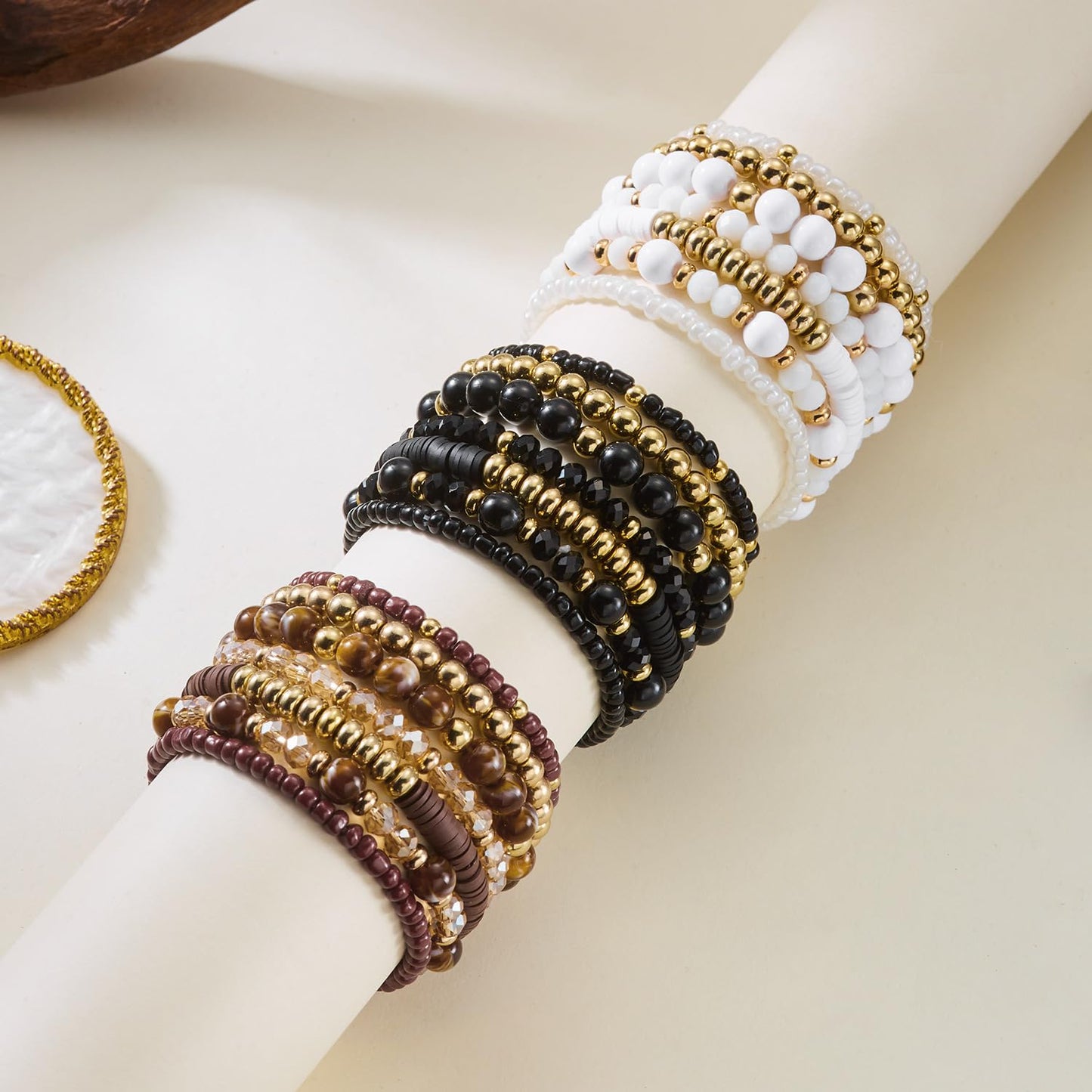 LOTSOF Boho Multilayer Beaded Bracelets Set for Women - Vintage Gold & Brown Stackable Stretch Bracelets, Bohemian Handmade Jewelry for Daily Style & Gifting (White)