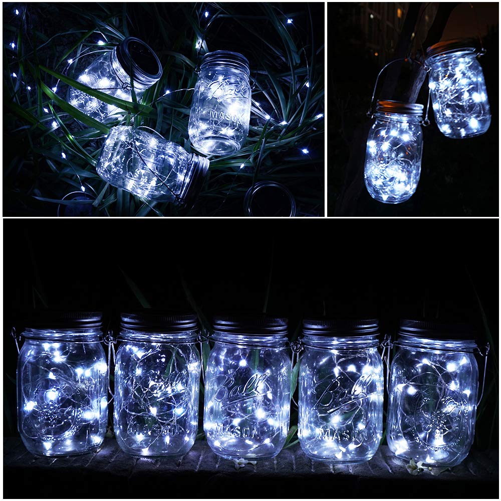 SunKite Solar Mason Jar Lid String Lights, 6 Pack 15 Led String Fairy Star Firefly Jar Lids Lights (Jars Not Included), for Mason Jar Patio Garden Wedding Lantern Table Decoration (Cool White)