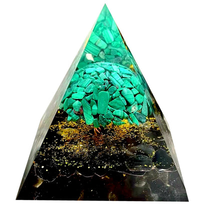 Saefheled Tree of Life Orgone Pyramid,Natural Malachite&Obsidian Orgonite Healing Crystal Pyramid,Crystal Stone Positive Reiki Energy Generator Collection Wealth Lucky Meditation Tool(6cm)