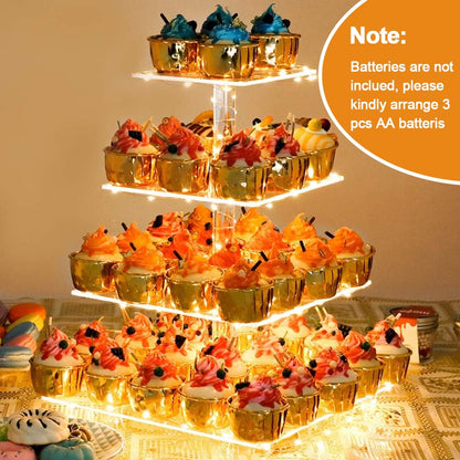 YestBuy Cupcake Stand with Yellow Led Lights, 4 Tier Cupcake Stand for 50 Cupcakes, Acrylic Cupcake Tower Stand, Clear Tiered Cupcake Holder for Birthday Cady Bar Décor Weddings, Parties Events
