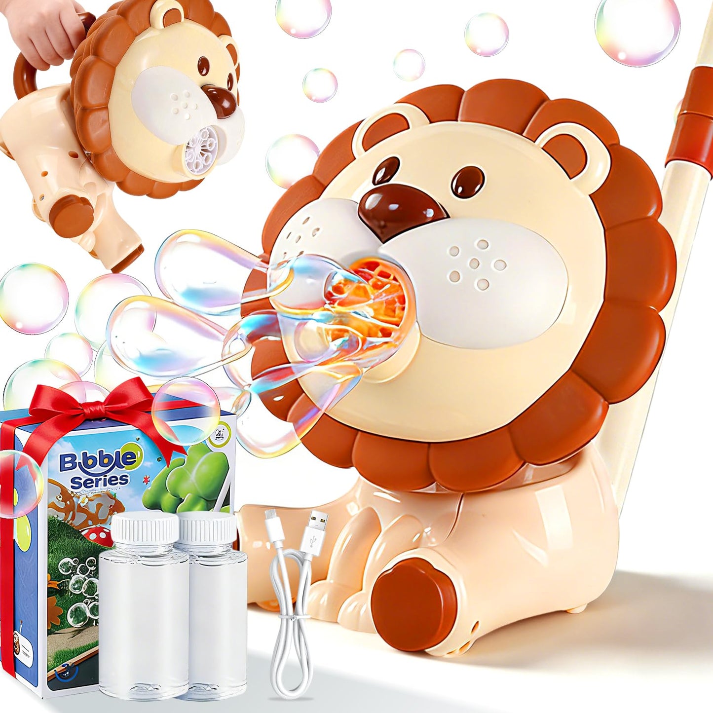 Lion Automatic Bubble Machine for Toddler Kid Toy 1 2 3 4 5 6 7 8 1yr Year Old Little Girl Boy Gift Lawn Mover Maker Blower Summer Outdoor Push Toys Rechargeable Easter Christmas Birthday Present