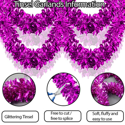 33Ft Christmas Tinsel Garland Shiny Thick Rosy Tinsel Decor Xmas Tree Decorations Metallic Twist Foil Garland for Birthday Thanksgiving Day New Year Parties Indoor Outdoor Party Supplies - Rosy