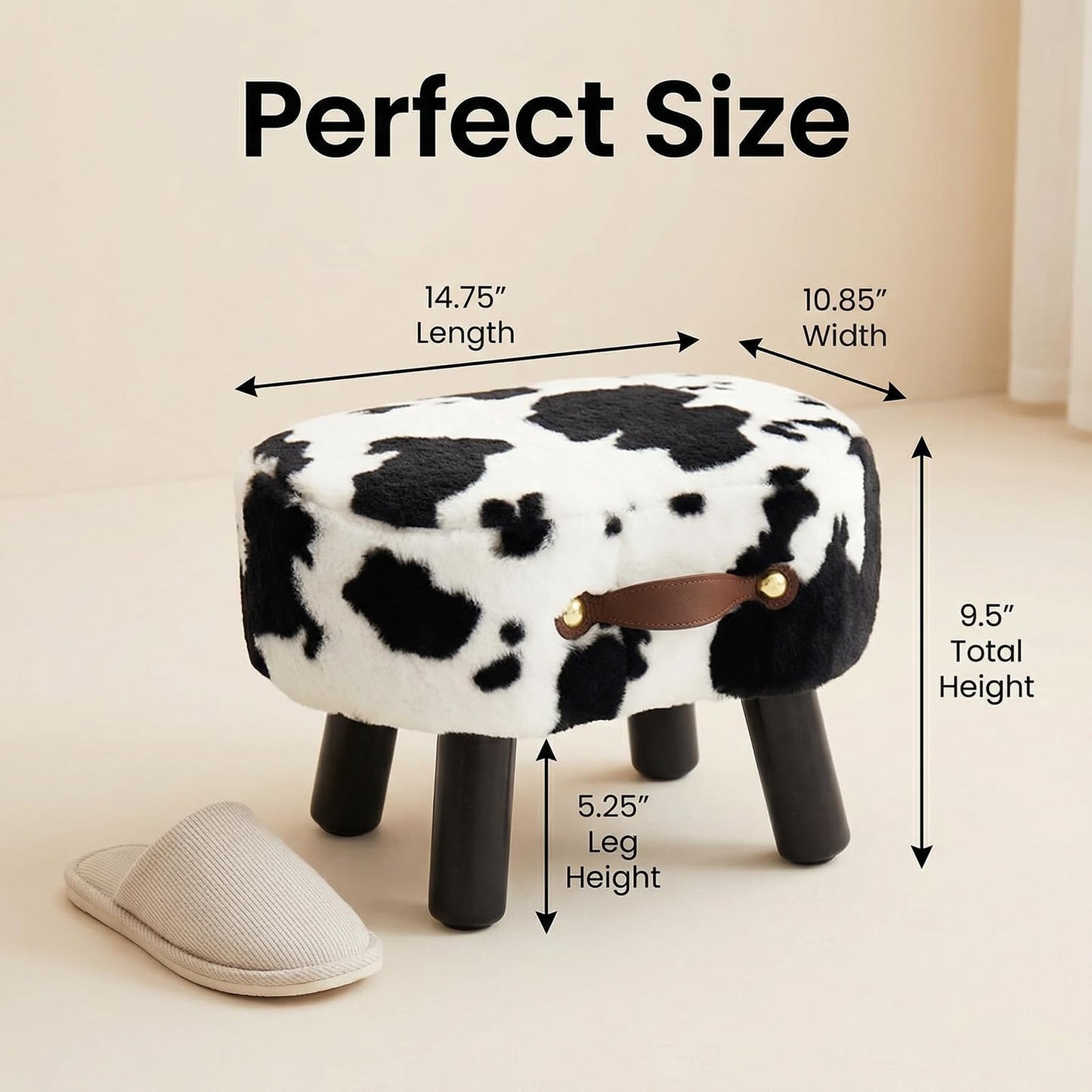 Leesingdo Small Footstool with Handle, Faux Fur Ottoman Foot Rest with Padded Seat, Curved Foot Stool with Wooden Legs, Portable Foot Rest for Living Room, Bedroom, Entryway, Cow