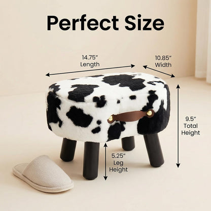 Leesingdo Small Footstool with Handle, Faux Fur Ottoman Foot Rest with Padded Seat, Curved Foot Stool with Wooden Legs, Portable Foot Rest for Living Room, Bedroom, Entryway, Cow
