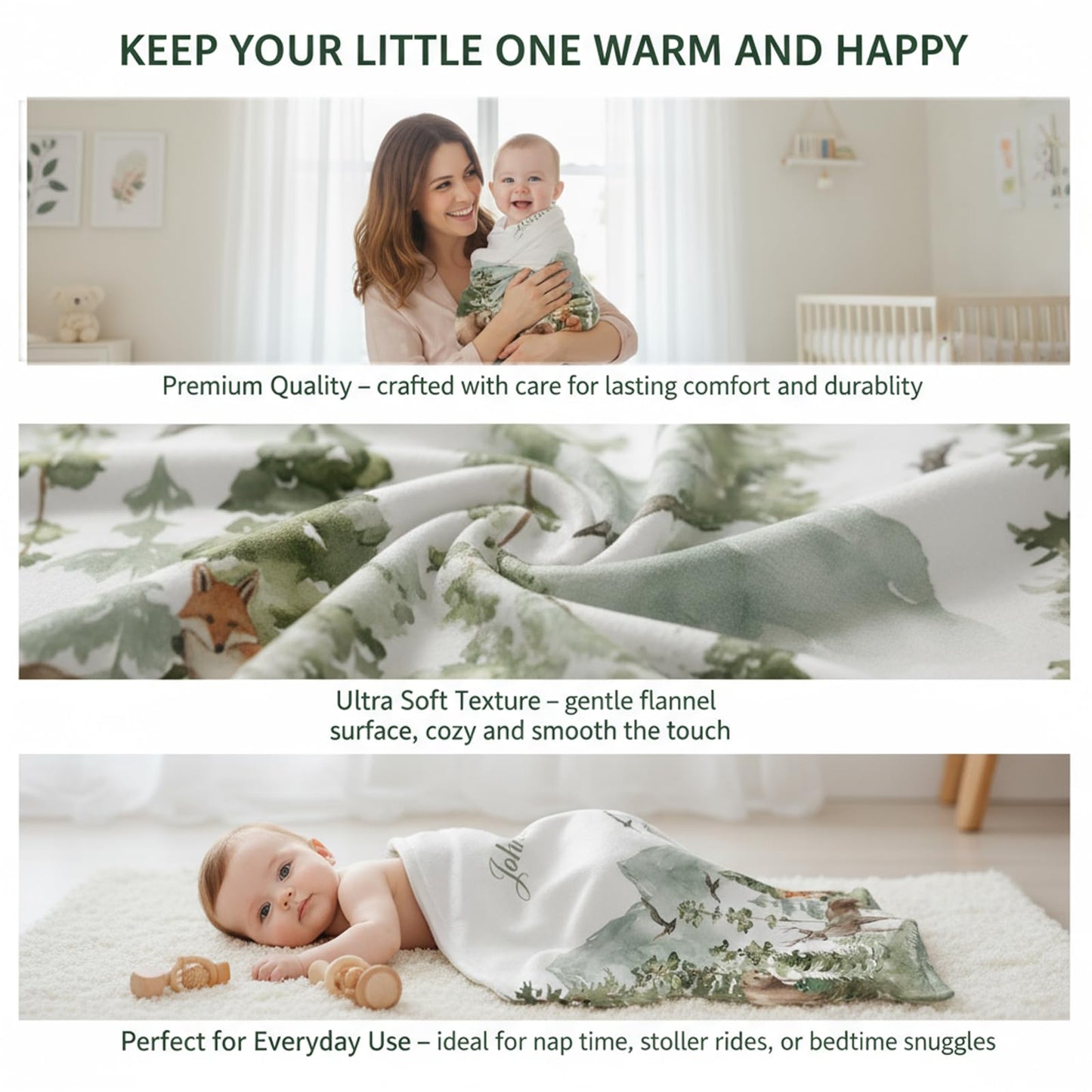 Personalized Woodland Baby Blanket with Name, Custom Name Blanket for Boy, Printed in USA, Super Soft Blankets for Newborn, Customized Gifts for Baby Shower Birthday Christmas