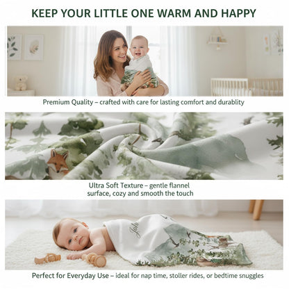 Personalized Woodland Baby Blanket with Name, Custom Name Blanket for Boy, Printed in USA, Super Soft Blankets for Newborn, Customized Gifts for Baby Shower Birthday Christmas
