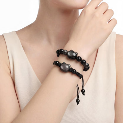 Black Obsidian Cat Bracelet and Moon Pendant Necklace Jewelry Set-Cat Lover Gifts,Wealth Attraction,Good Luck,Bead Bracelet,Mindfulness,Beaded Bracelets, Obsidian Pendant Necklace-Cute Gifts for Women (Black-Bead Cat Face-Strand Cat Face)