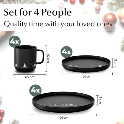 MIAMIO – Christmas Dinnerware Set 12-Piece/Christmas Plates Set with Mugs in minimalist holiday design (Service for 4) / Dishwasher and Microwave Safe – Vinter Collection