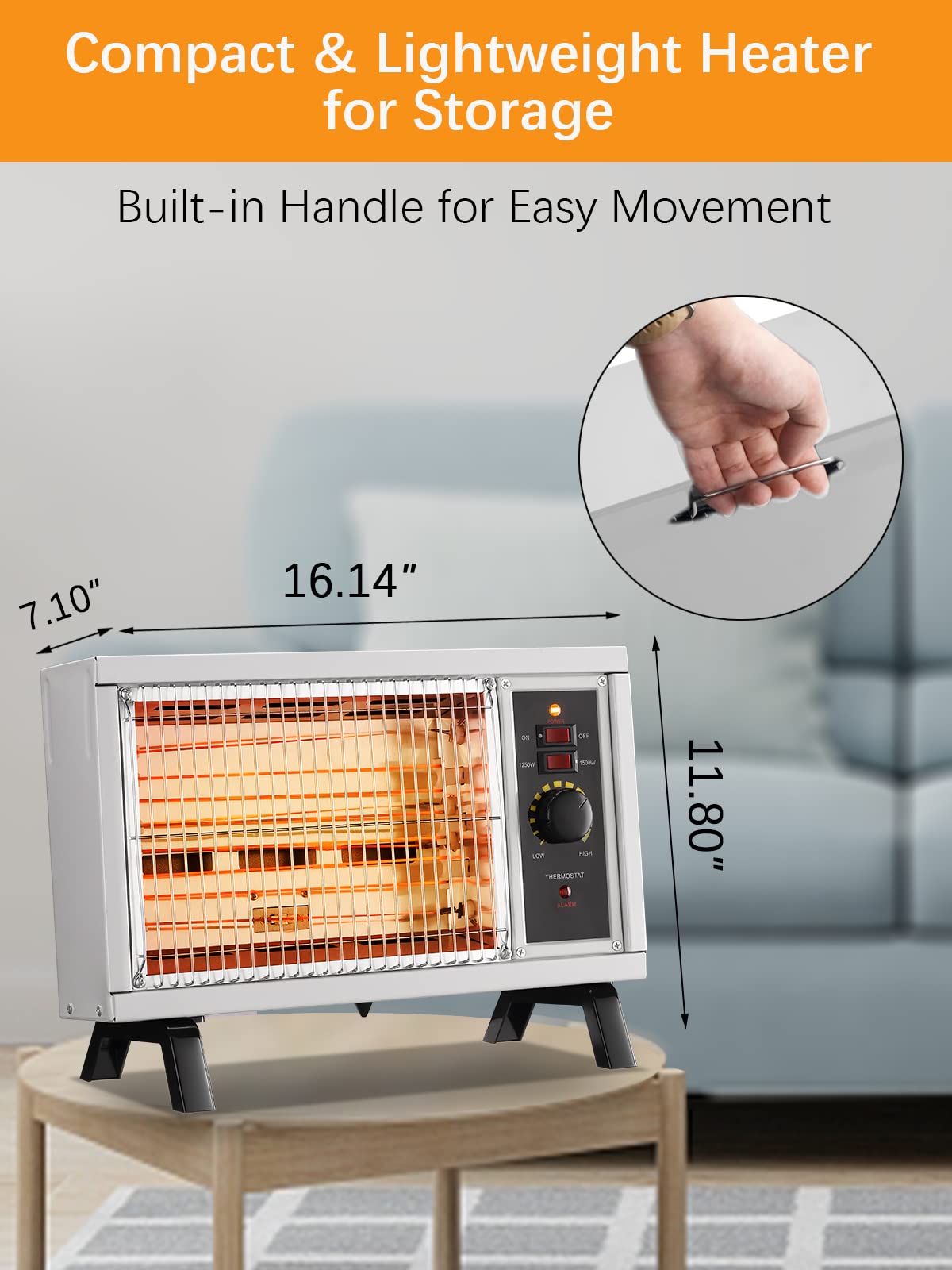 JASUN Radiant Heater Electric Space Heater Fast Heating with Adjustable Thermostat, Portable Indoor Heater with Handle Quiet1250W/1500W for Office Home Garage Bedroom ETL Approved White