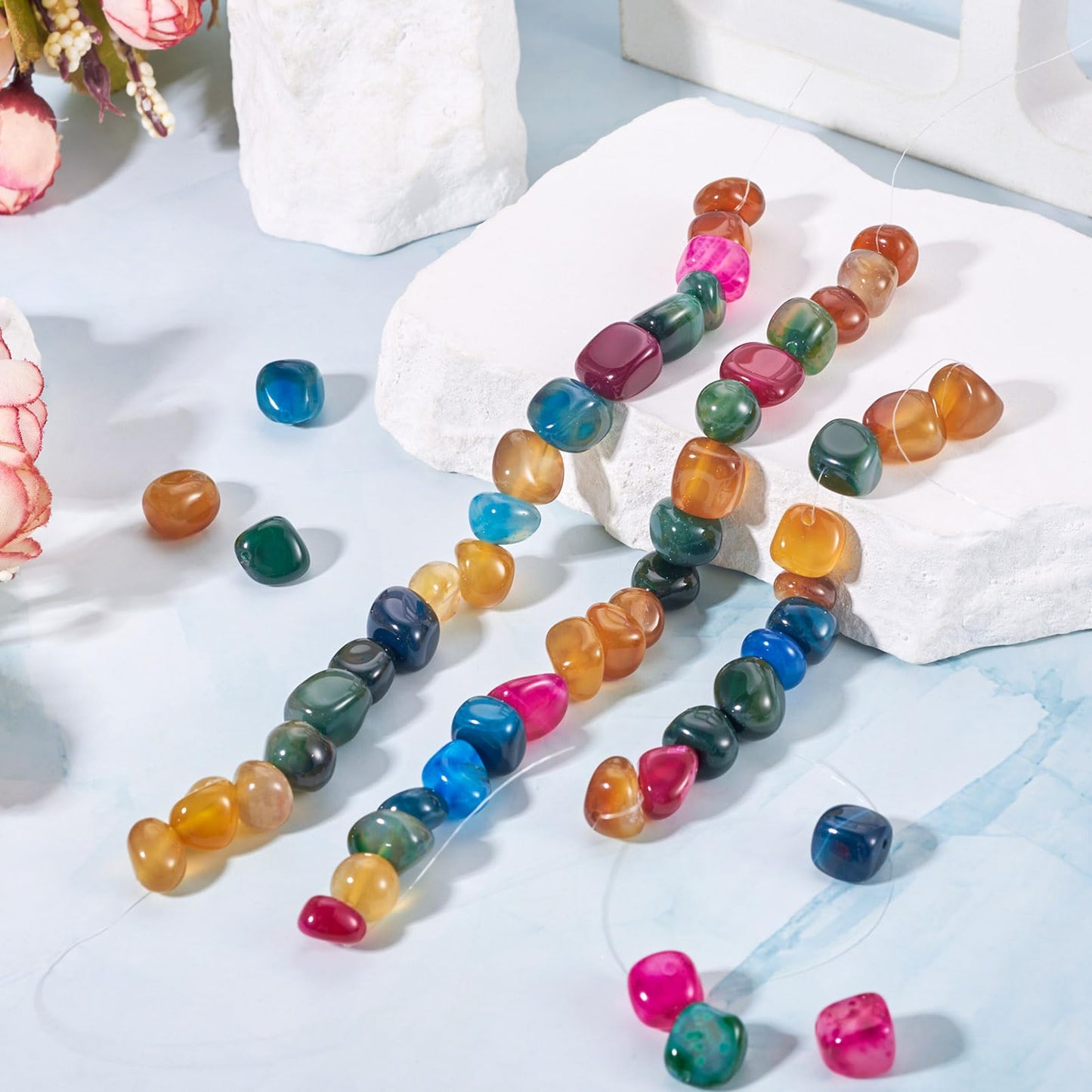 3 Strands Natural Agate Beads for Jewelry Making Colorful Tumbled Stones Polished Healing Crystal Stones Gemstone Loose Beads for Bracelets Necklaces Earrings DIY Crafts 6.5-13mm