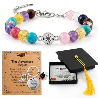 2026 Graduation Bracelet Gift Set for Her Him, 7 Chakra Bracelet & Matte Natural Stone Beaded Bracelet with Compass, Graduation Keychain, Inspirational Card & Gift Box for Middle High School Colle (Vibrant Chakra)