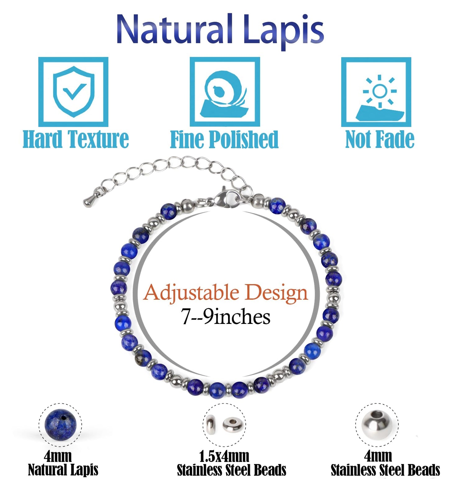 LPBeads 4mm Lapis Lazuli Tiny Beaded Bracelets For Women, Energy Gem Charm Jewelry Adjustable Bracelet Gifts for Mom, Daughter, Wife, Coworkers, Friends, Bestie