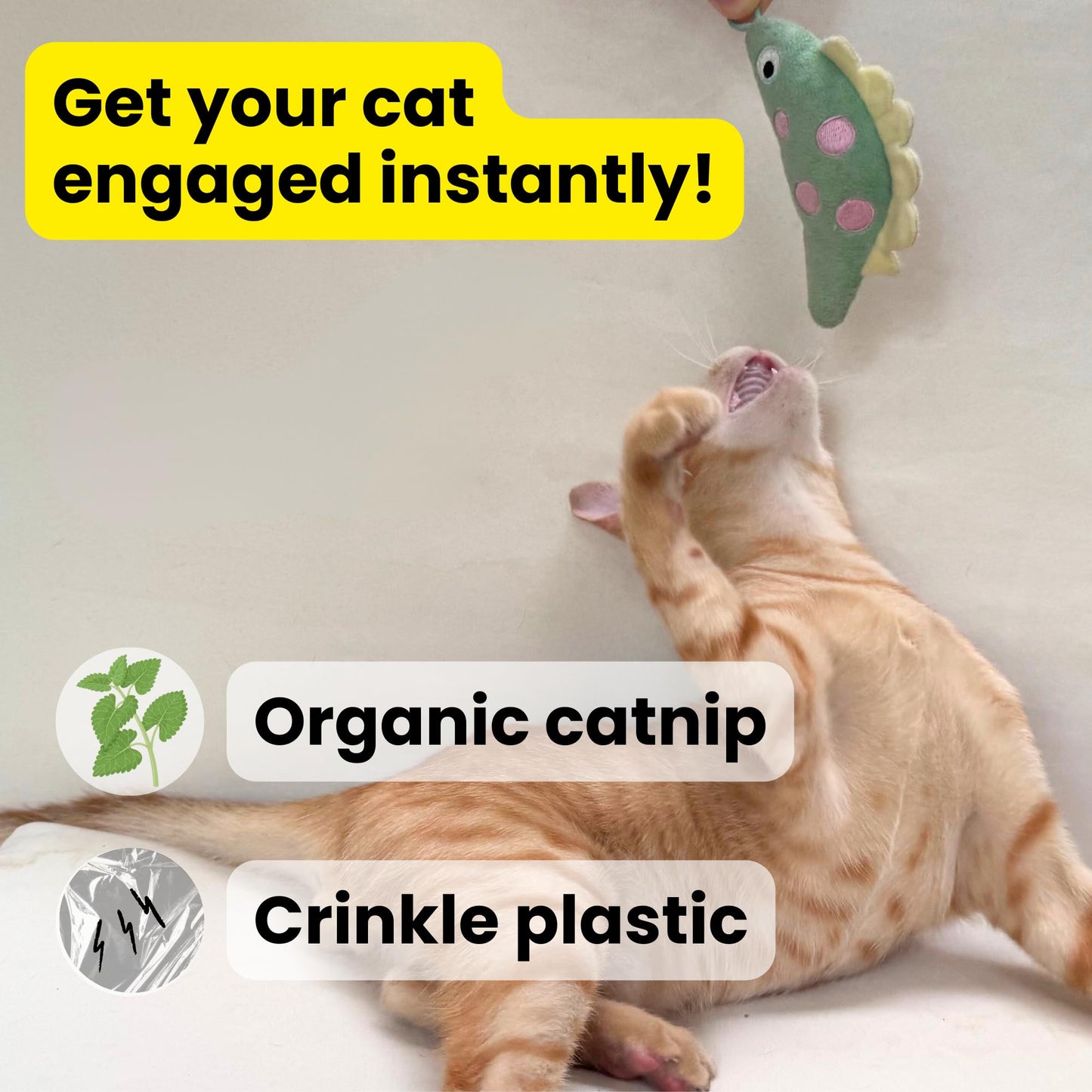 repounce Plush Dinosaur Catnip Cat Toy, Soft and Durable Crinkle Sound with Catnip Inside, Kicker Cat Toy, Cat Toys for Indoor Cats & Kittens, Lure and Attachment Toy with Loop for Cat Wand
