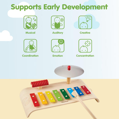 PlanToys® Musical Set Wooden Montessori Drum, Cymbal and Xylophone Toy | Early Sensory Exploration, Coordination and Creative Expression | Eco Friendly Music Set