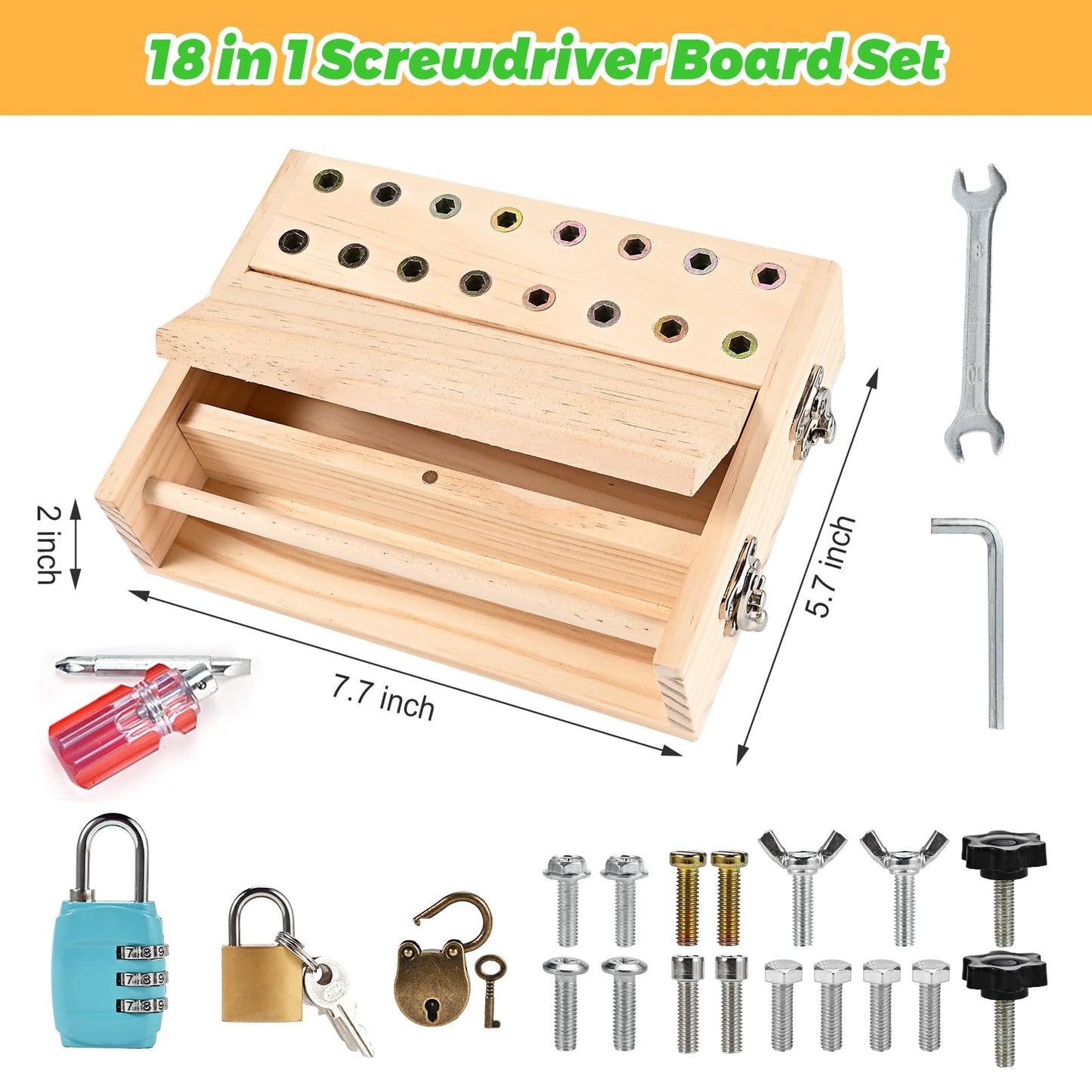 WoodTrove Montessori Screwdriver Board Set, Montessori Toys for 3 4 5 with 3 Lock and Keys, Toddler Screwdriver Toy, Kids Tool Set, Preschool Learning Sensory Toy, Fine Motor Skills Toys