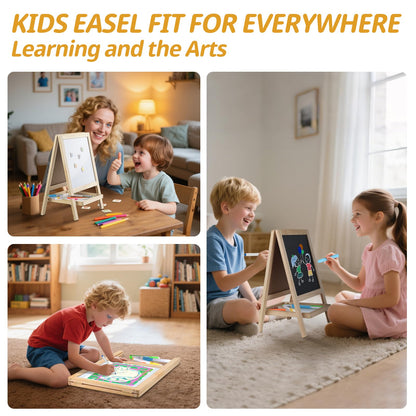 Tabletop Painting Wooden Art Easel for Kids - 4-in-1 Double-Sided Drawing Board for Toddlers 2-4, Chalkboard & Dry Whiteboard with Markers, Eraser, Magnetic Letters/Numbers & Flashcards