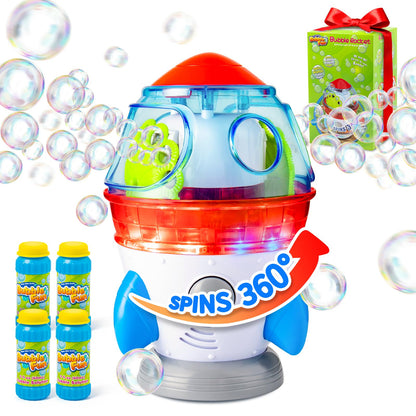Rocket-Shaped Bubble Machine for Kids & Pets - Dual Powerful Bubble Outlets, Automatic 360° Rotation, Adjustable LED Lights & Music – Ideal for Indoor/Outdoor Birthday Parties