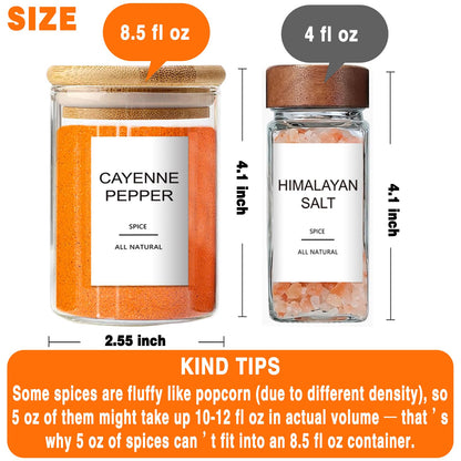 GPOVVIMX 12 Pcs Glass Spice Jars with Bamboo Airtight Lids and 191 Labels - 8.5oz Small Food Storage Containers for Kitchen, Seasoning, Coffee, Herb - Spoon and Marker Included