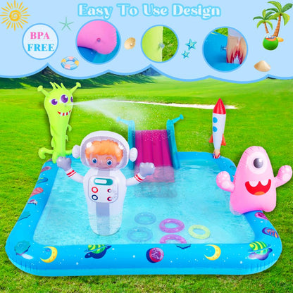 Inflatable Play Center Pool with Slide, Space Astronaut Square Kiddie Pool, 94.5" Square Outdoor Water Play Center with Sprinkler & Ring Toss for Summer Outdoor, Garden/Backyard Fun