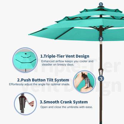 Patio Kingdom 10FT Patio Umbrella 3 Tiers Outdoor Market Umbrella w/Push Button Tilt, Crank, UV and Waterproof Table Umbrella for Garden, Pool, Backyard, Deck, Lawn, Turquoise Blue