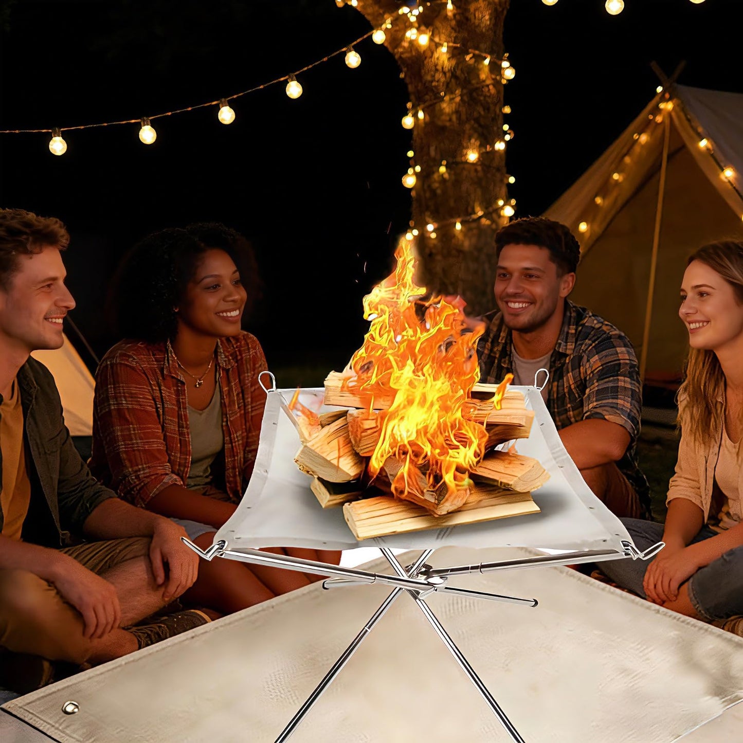 Portable Fire Pit for Camping,22 inch Outdoor Folding Fireplace with Heat Resistant Firepit Mat & Carrying Bag,Upgrade 304 Stainless Steel Mesh BBQ Fire Bowl for Picnics,Campfire,Backyard,Garden