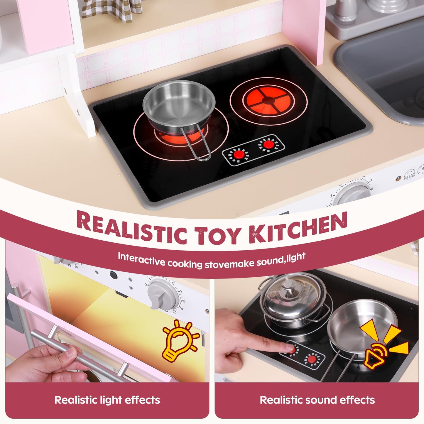 EDUBEBO Kids Kitchen playset, Wooden Play Kitchen, Height Adjustable, Comes with Various Kitchen Accessories, Ideal Role Play Toy Gift for Toddlers and Kids Ages 3-8 (Pink)