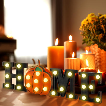 Aurelema Interchangeable Home Table Signs with 8 Pcs Seasonal Icons Wooden "home" Letter Signs with LED Marquee Light up Interchangeable Holiday Decorative Centerpiece for Holiday Room Decoration