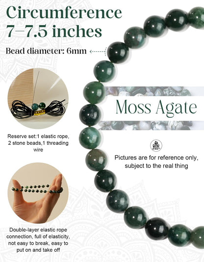 Landorilo Beaded Bracelet for Men Women, 6mm Natural Stone Moss Agate Healing Crystal Stretch Bracelets, Ideal Christmas Birthday Jewelry Gifts with Energy Card，Replacement Beads Included