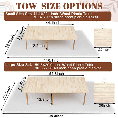 Hahafelt 2 Set Low Picnic Table, Foldable Boho Picnic Table with Extra Large Outdoor Camping Blanket Portable Boho Wood BBQ Tables for Camping Wedding Beach BBQ Party (44.1''x22.1''x12.9'',Wood Color)
