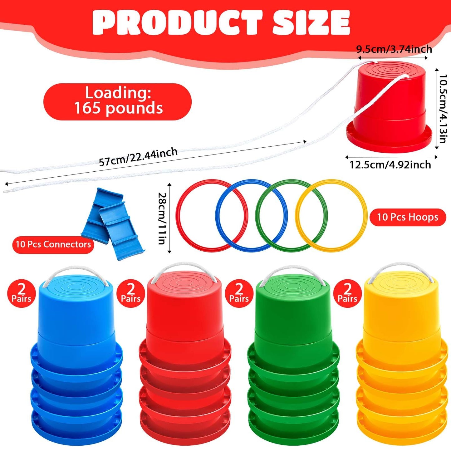 8 Pair Balancing Stilts for Kids and 1 Hopscotch Ring Game Set Thickened Walking Bucket with Adjustable Rope Hop Scotch Kid Balance Coordination Toy Indoor Outdoor Birthday Playground Game Party Favor