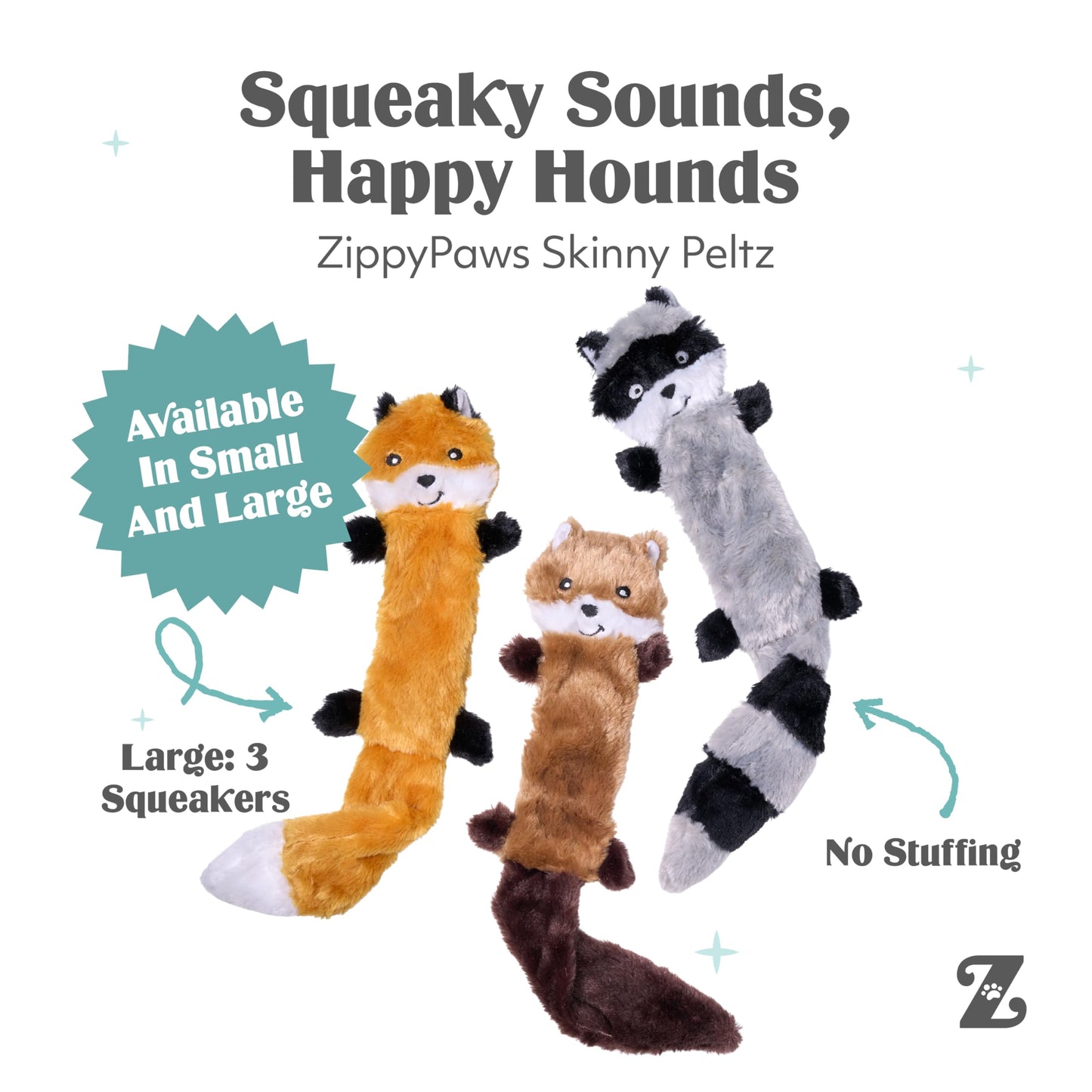 ZippyPaws Skinny Peltz - No Stuffing Dog Toy Pack to Keep Them Busy, for Medium and Large Dogs, Squeaky Pet Toys, Unstuffed Chew Toys, Soft Plush Variety Pack, Fox, Raccoon, and Squirrel - 18"
