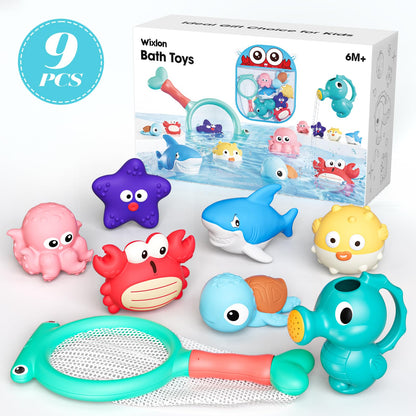 Mold Free Baby Bath Toys for Toddlers 1-3, No Hole Ocean Animal Bathtub Set with Mesh Organizer, Sensory Water Play for Infants 6-12 Months