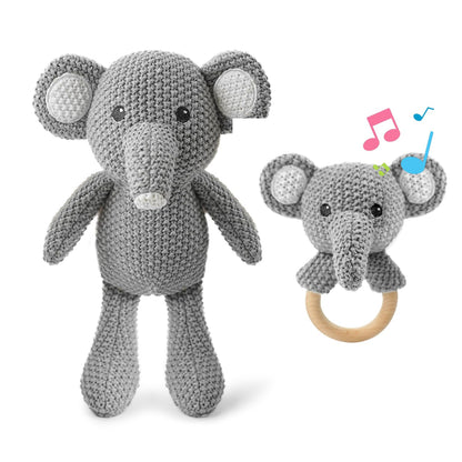 Baby Toys Elephant Stuffed Animals for Babies 2Pcs Cute Calf Plush Toys Set: 10" Grey Elephant Plush Doll and 5.9" Baby Teething Rattle Soft Baby Boy Girl Gifts for Birthday,Easter,Baby Shower