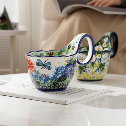 ALMA 2025 Updated Decorative Pottery Soup Bowl Microwave Safe,Large Ceramic Soup Bowl with Loop Handle,Ceramic Cereal Bowl for Soup,Snack,Chip,Stew,Ice cream-Spring Splendor Theme