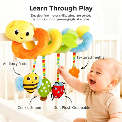 Car Seat Toys for Baby – Colorful Carseat Toys Hanging with Plush Teether & Rattles, Soft Sensory Car Seat Toy and Stroller Toys Set, Baby Car Seat Toy to Entertain and Soothe on The Go