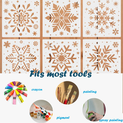 Christmas Snowflake Stencils for Painting on Wood-6 Pack Large Reusable Christmas Stencil Winter Ornament Farmhouse Christmas DIY Craft Supplies Decor 8 Inch