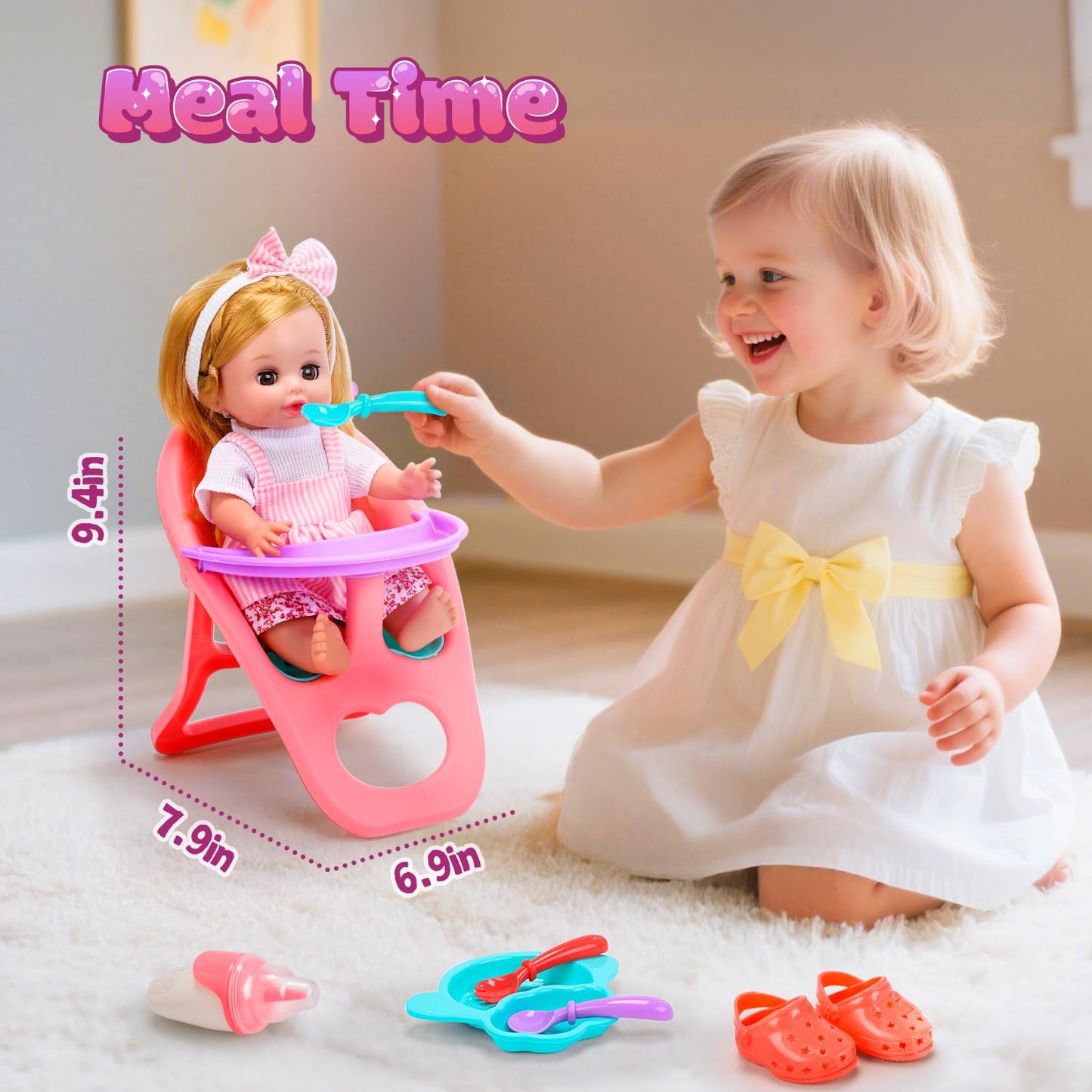 CUTE STONE Baby Doll Playset with Stroller for Girls – Pretend Play Baby Care Toy with High Chair, Clothes & Accessories