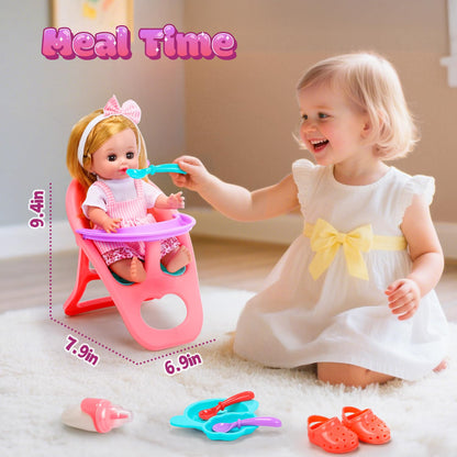 CUTE STONE Baby Doll Playset with Stroller for Girls – Pretend Play Baby Care Toy with High Chair, Clothes & Accessories