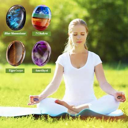 Roowest 4 Pcs Thumb Worry Stone for Anxiety Natural Crystal Healing Stone Chakras Amethyst Tiger Eye Quartz Pocket Hug Gift for Office Stress Meditation(Dreamsheen,Oval)