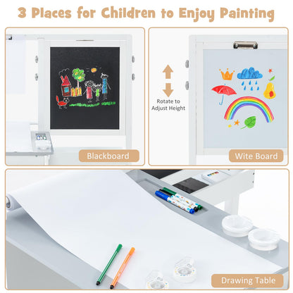 INFANS 3 in 1 Kids Art Table and Chair Set, Toddler Craft and Play Wood Activity Desk with Double-Sided Easel Blackboard Whiteboard, Paper Roll for Writing, Children Furniture for Daycare Nursery