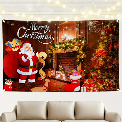 Hianjoo Merry Christmas Wall Banner Decorations 71x43 inch, Large Christmas Backdrop Banner with Eyelets, Vivid Digital Print Xmas Fireplace Background Decoration for Indoor Decor (Red)