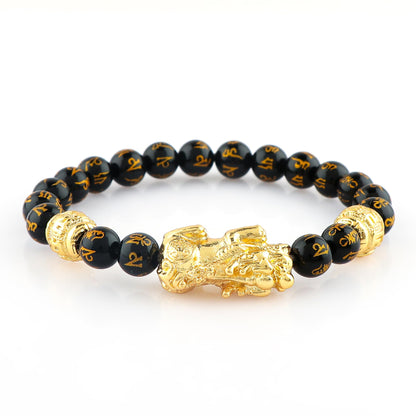 CRYSTALINES Om Mani Padme Hum Lion Beads Bracelet, Onyx Gemstone Stretchable Beaded Bracelet, Handmade, Chakra - Healing - Yoga - Spiritual - Protection, Kundalini Stretch Bracelet - 8mm Beads