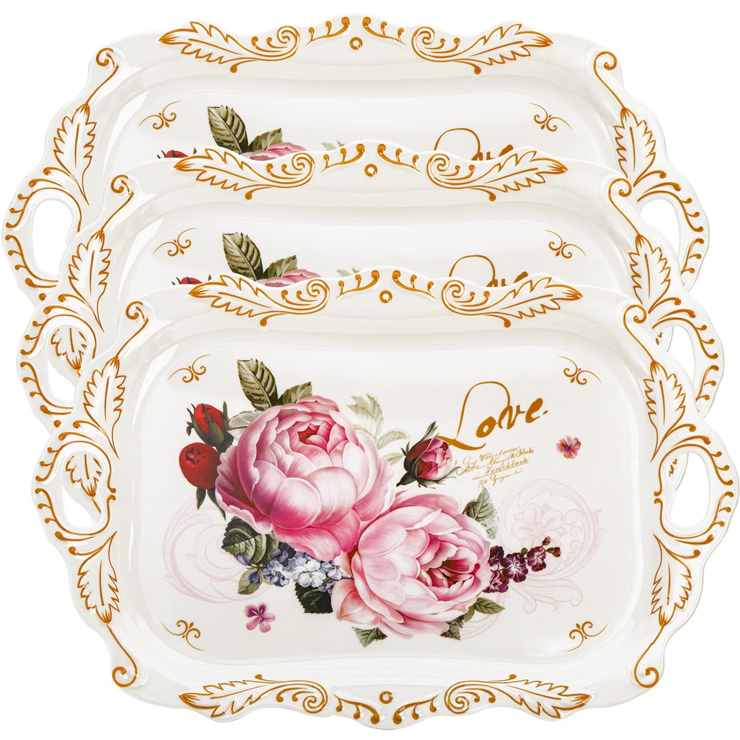 DEAYOU 3-Pack Melamine Serving Tray, Stackable Food Tray with Handles for Eating, Unbreakable Large Serving Platter with Floral Print for Gift, Party, Decor, Home, Restaurant, 16"L x 11"W, Rectangle