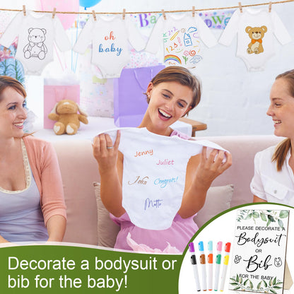 Hoosige 43 Pcs Baby Shower Games White Bodysuit Decorating Kit Bibs Design Games Prizes, Include Wooden Game Sign with 15 Blank White Bibs 15 Bodysuit 12 Marker for Shower