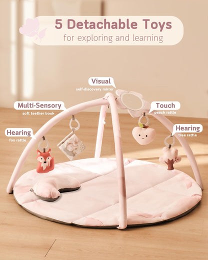 Fortella Baby Play Gym & Activity Mat, Machine Washable & Foldable Tummy Time Mat with 5 Detachable Toys, Certified Safe Newborn Essentials Gift for Baby Registry 0-12 Months (Rose Pink)