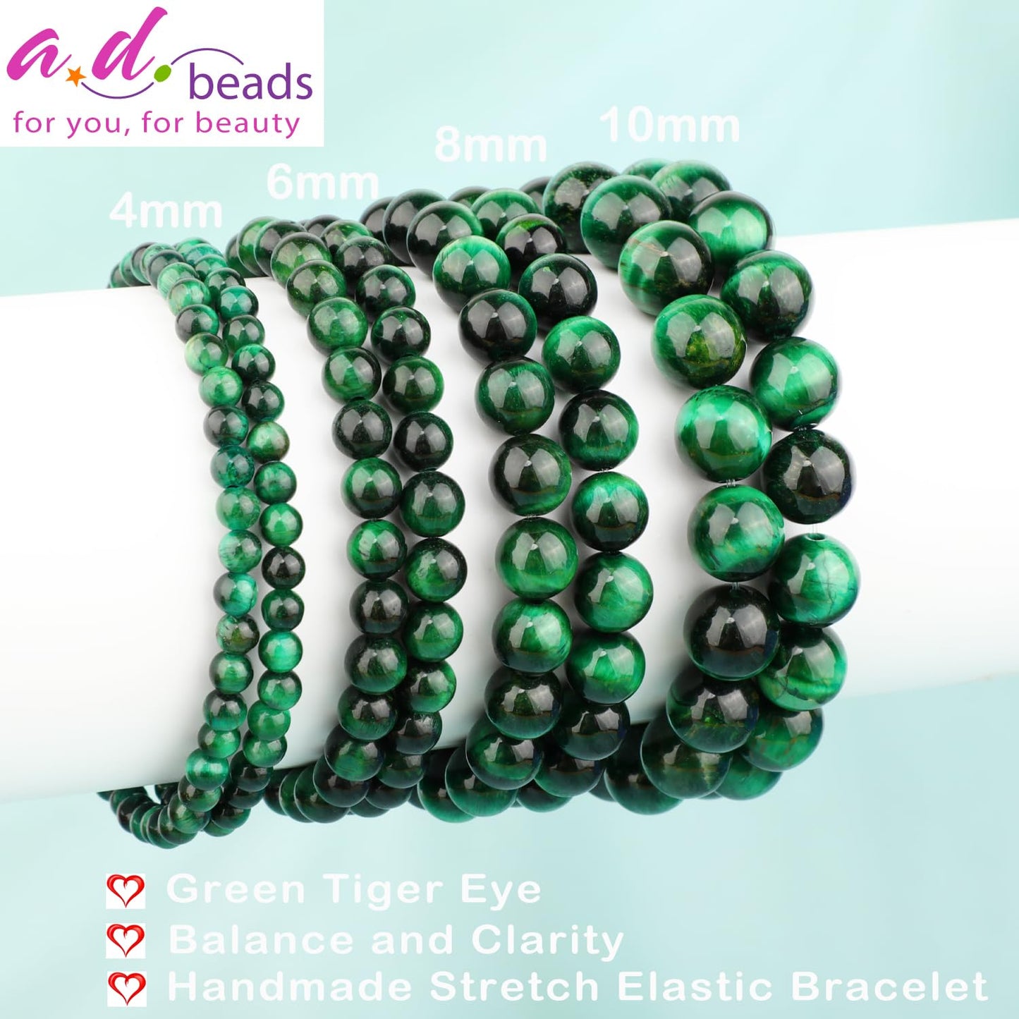 AD Beads 4mm Handmade Green Tiger Eye Elastic Bracelet – Natural Gemstone for Balance, and Clarity – Meditation, Yoga, Healing and Energy Gift for Men Women