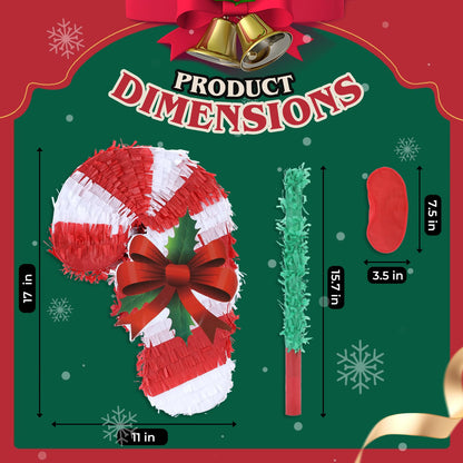 Birchio Christmas Candy Cane Pinatas Bundle with a Blindfold and Bat (Small Size 17x11x4 Inches), Holiday Theme Piñata, Christmas Party Supplies, Xmas Piñata, Party Decoration Games
